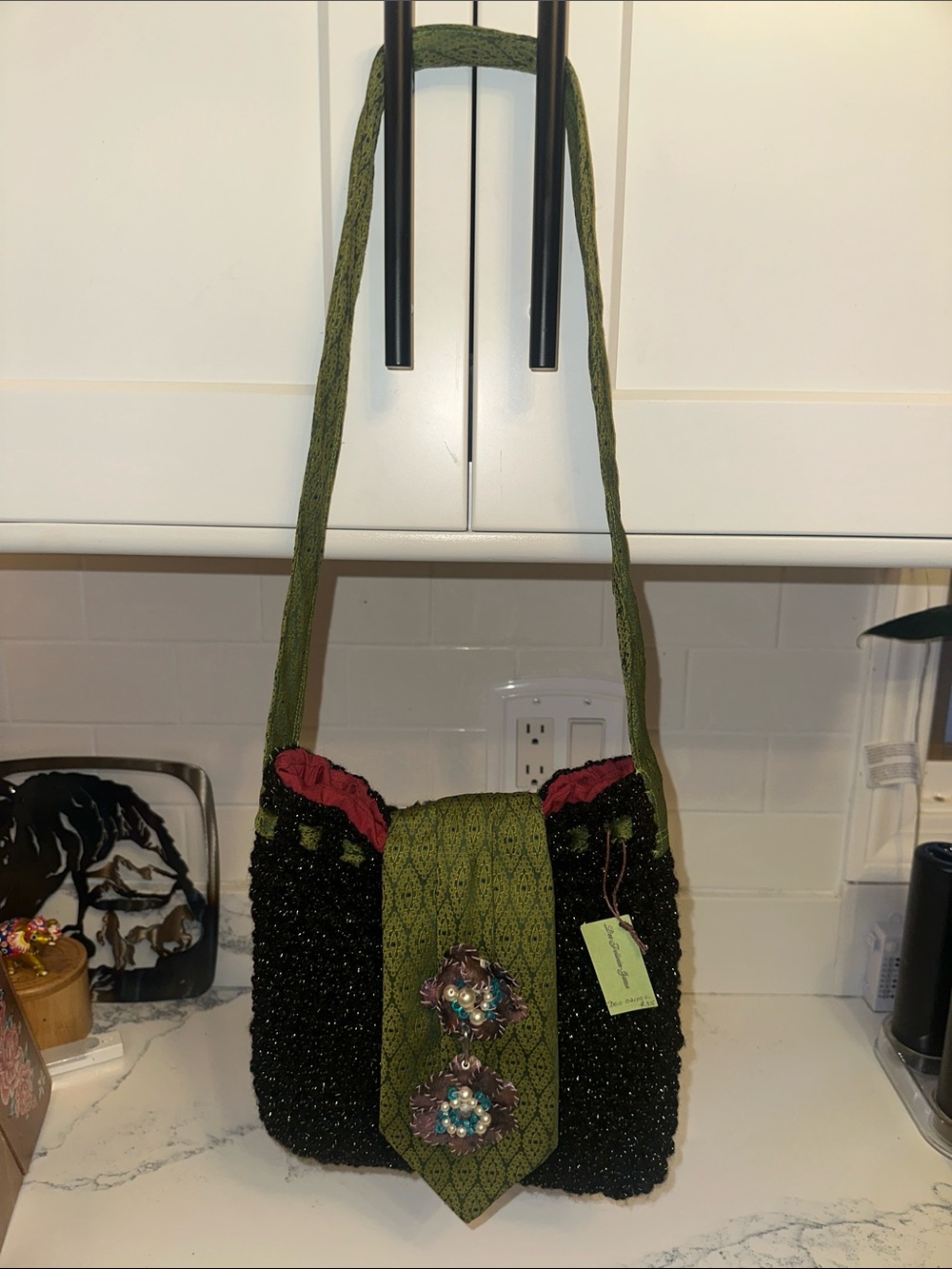 Black Beaded Shoulder Bag with Olive Green Flap and Strap